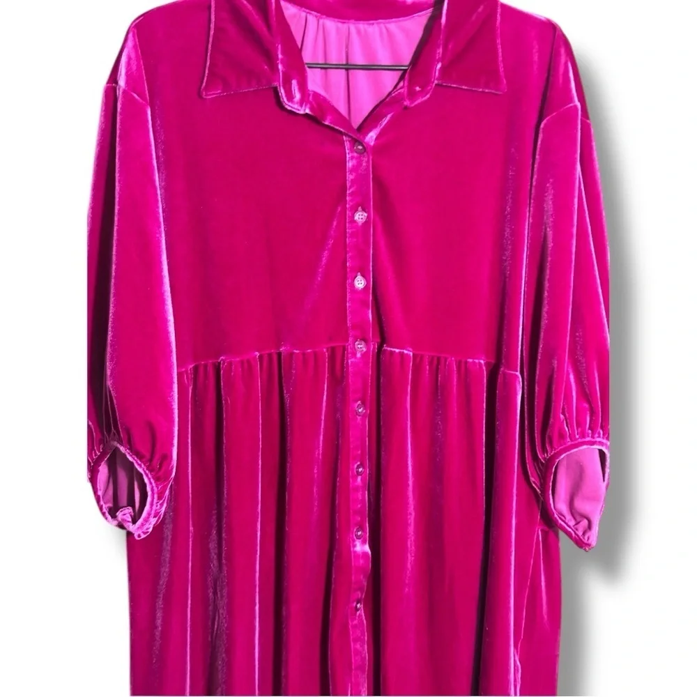 Chic Fuchsia Button-Front Velvet 3/4 Balloon Sleeves Tiered Collared Tunic Top